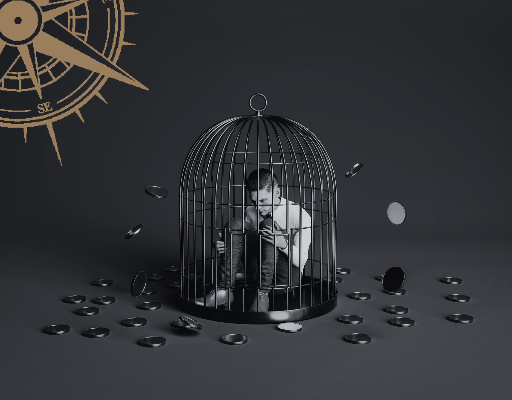 Leader trapped in a cage of success attachment surrounded by the rewards that became the trap