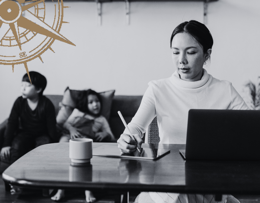 Leader working at home while family sits in the background showing how leadership and relationships drift apart