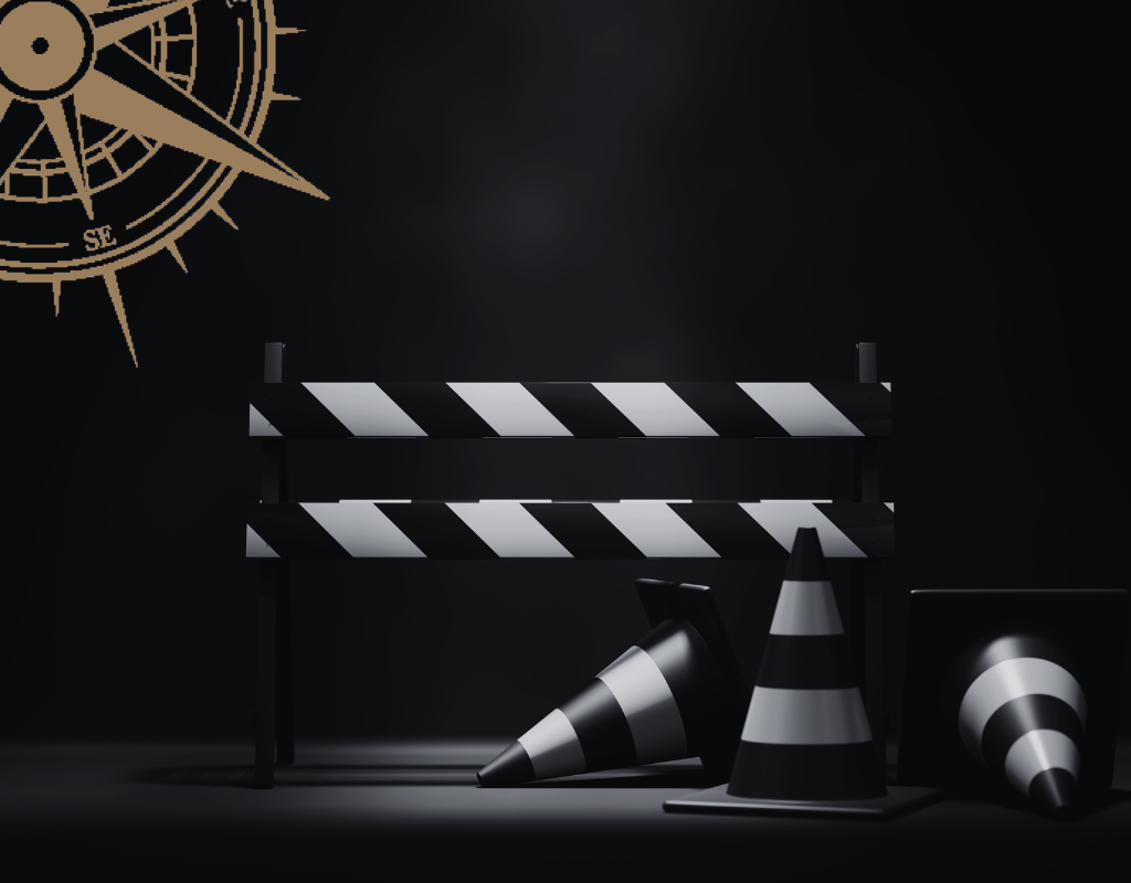Road barriers and cones in darkness representing the pike effect of old constraints still blocking leadership decisions