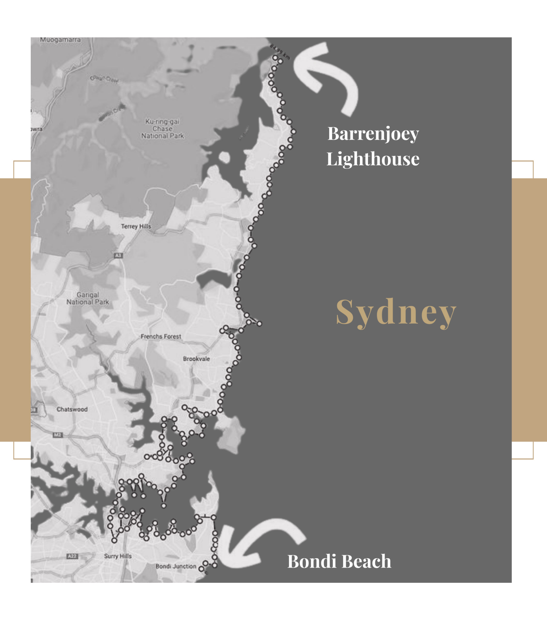 Map of The Power Walkshop route from Bondi Beach to Barrenjoey Lighthouse along the Sydney coastline